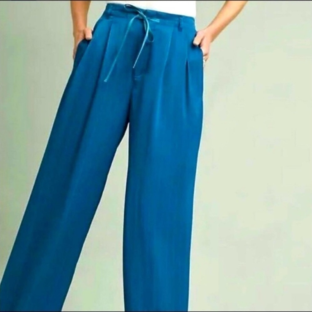 Anthropologie Elevenses Turquoise Blue Wide Leg Satin Trouser Pants Size 4